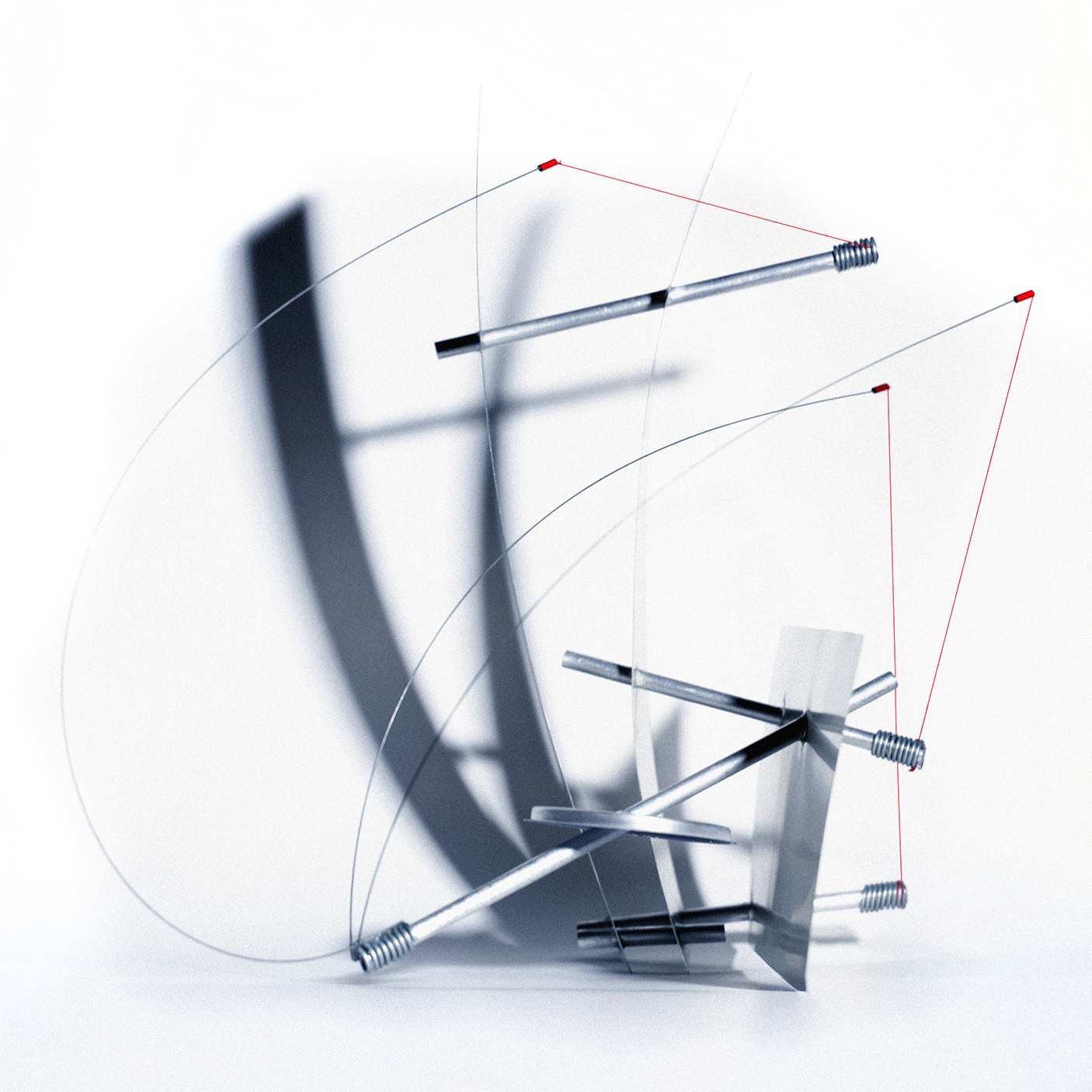 Kinetic chair model balancing metal rods, springs, cables, and planes