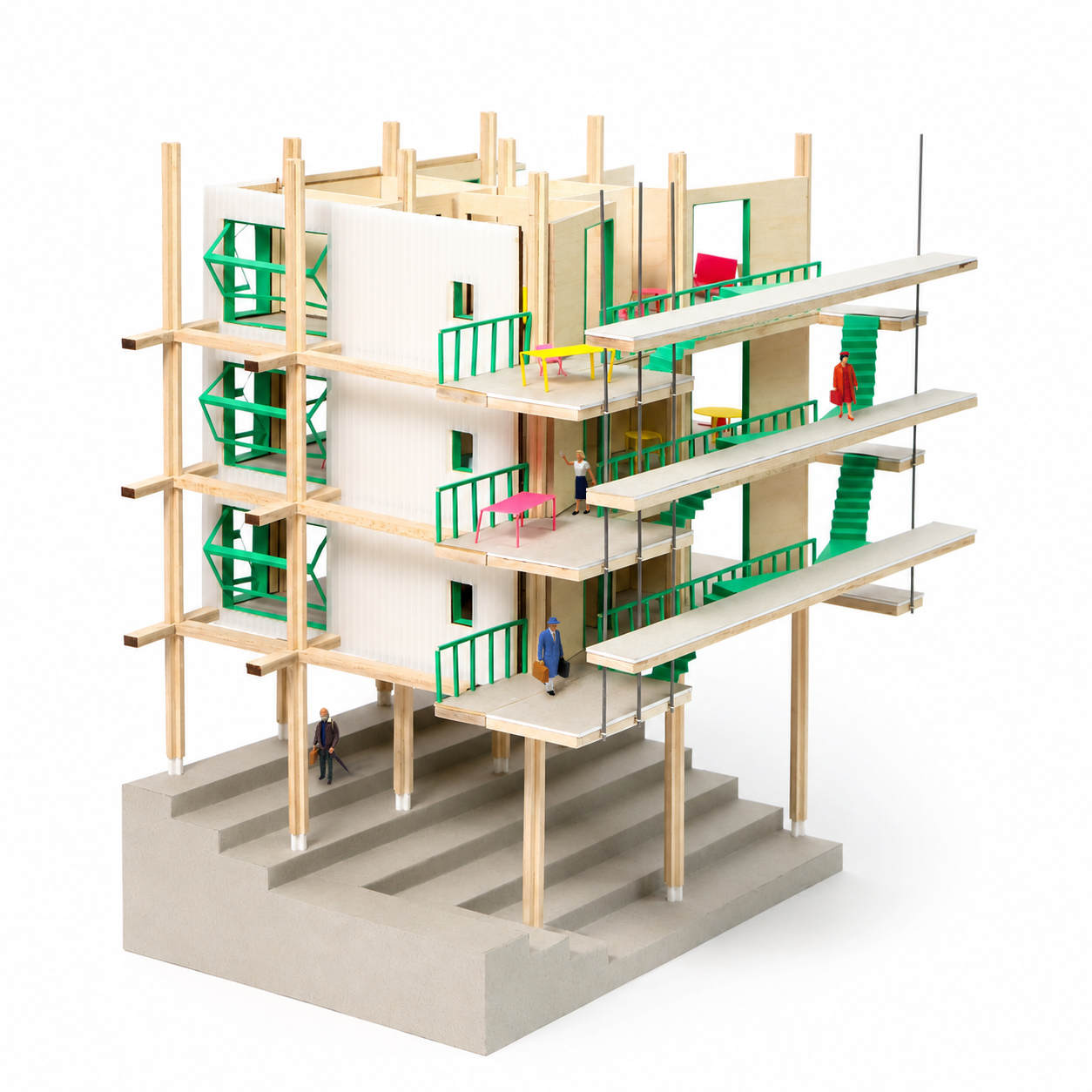 Physical model of Hunter's Point Cooperative Housing with a timber frame, exterior walkways, and green stairs