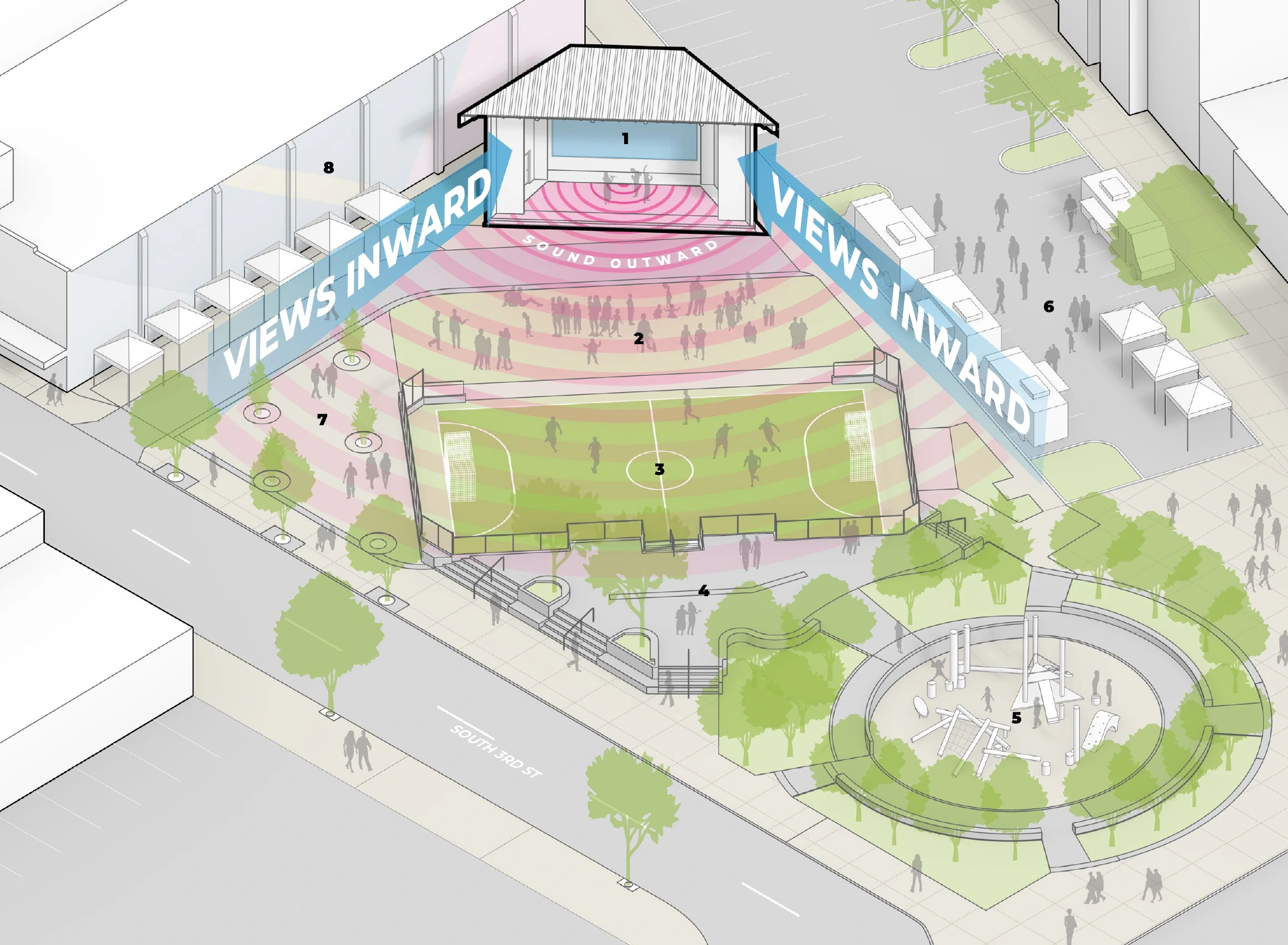 Perspective diagram of Legacy Square Stage, event lawn, futsal court, and public space