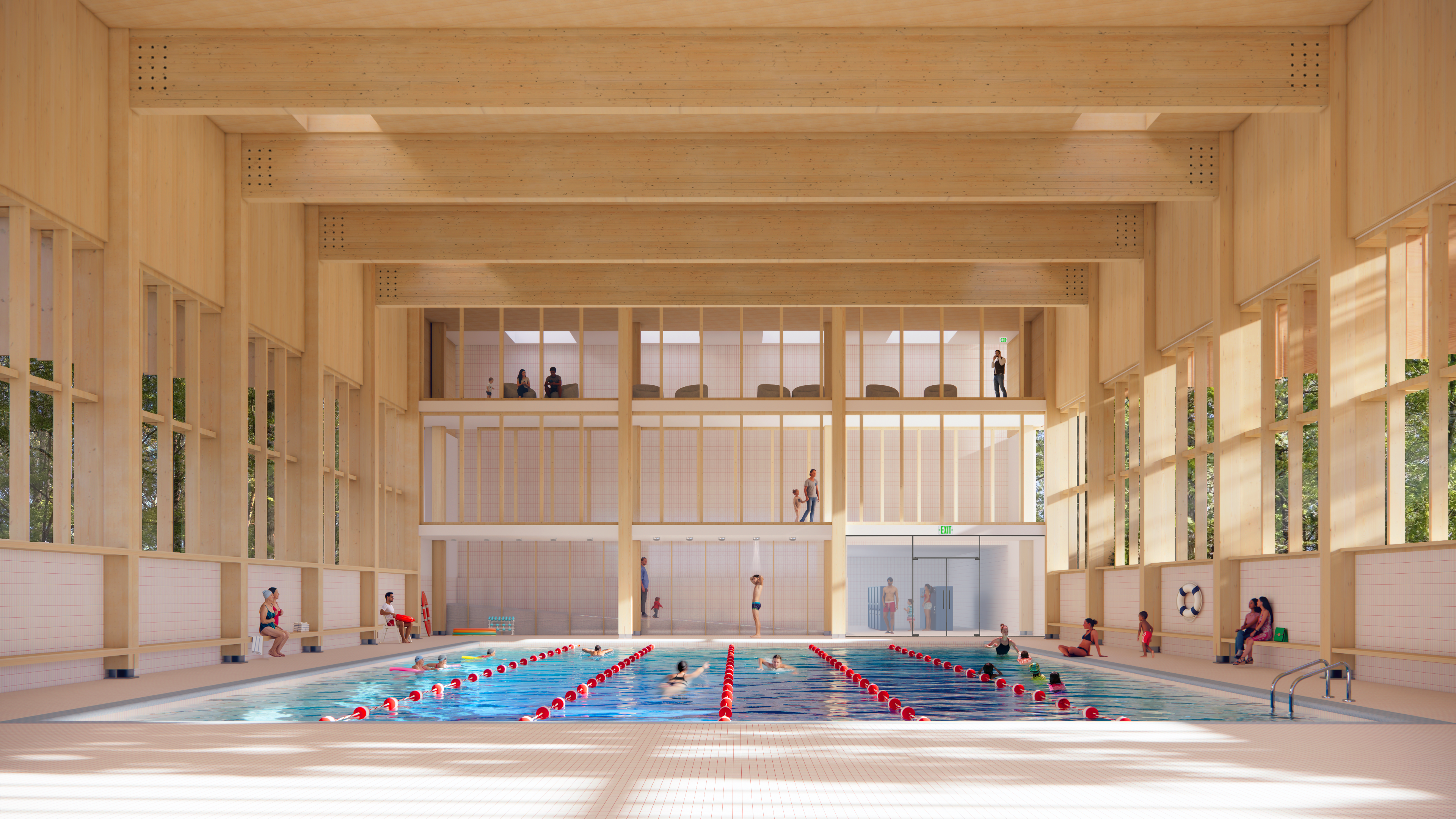 Interior rendering of swimmers in the mass-timber Wood Street Pool natatorium