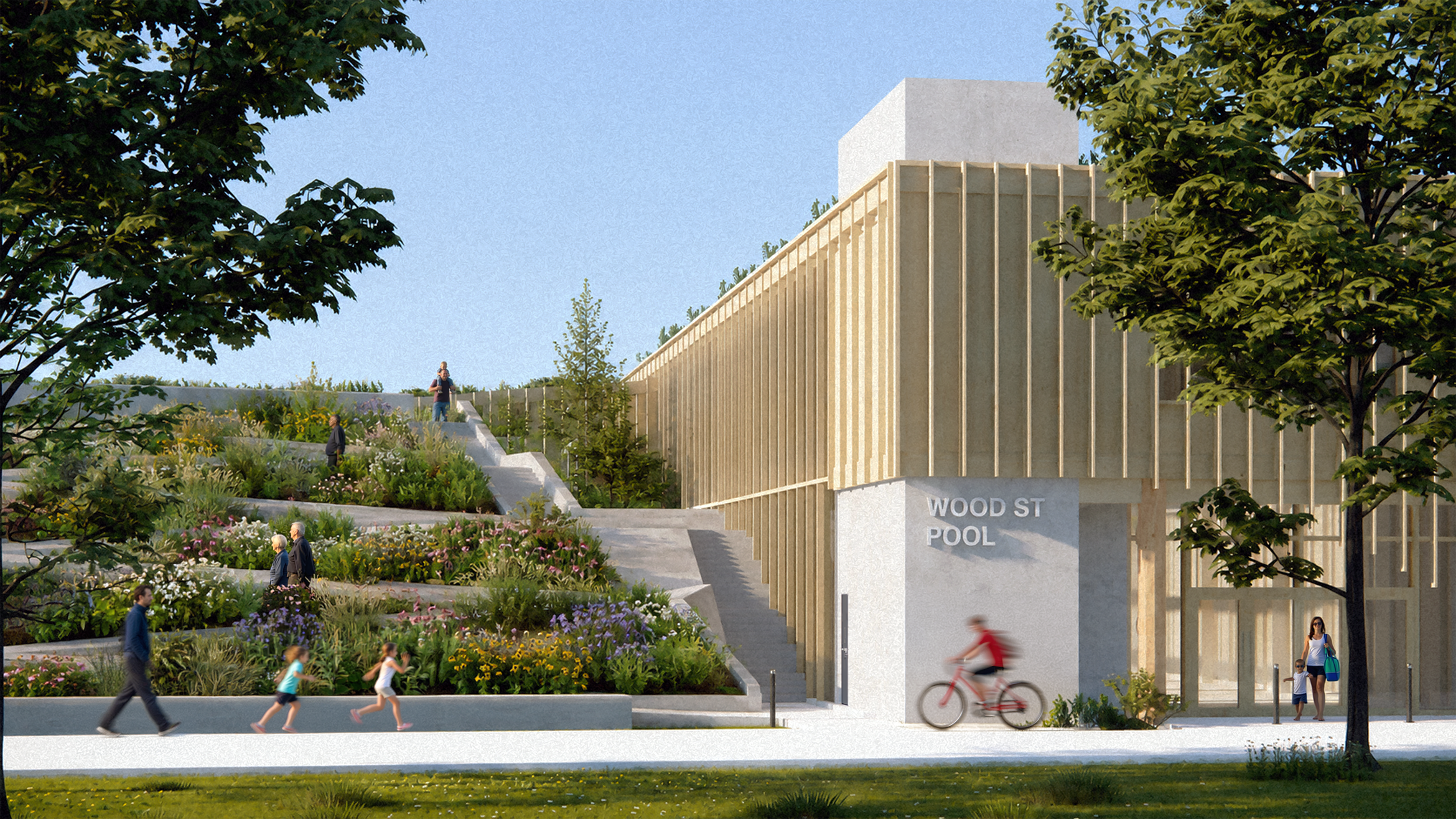 Exterior rendering of Wood Street Pool beside planted terraces and a public path