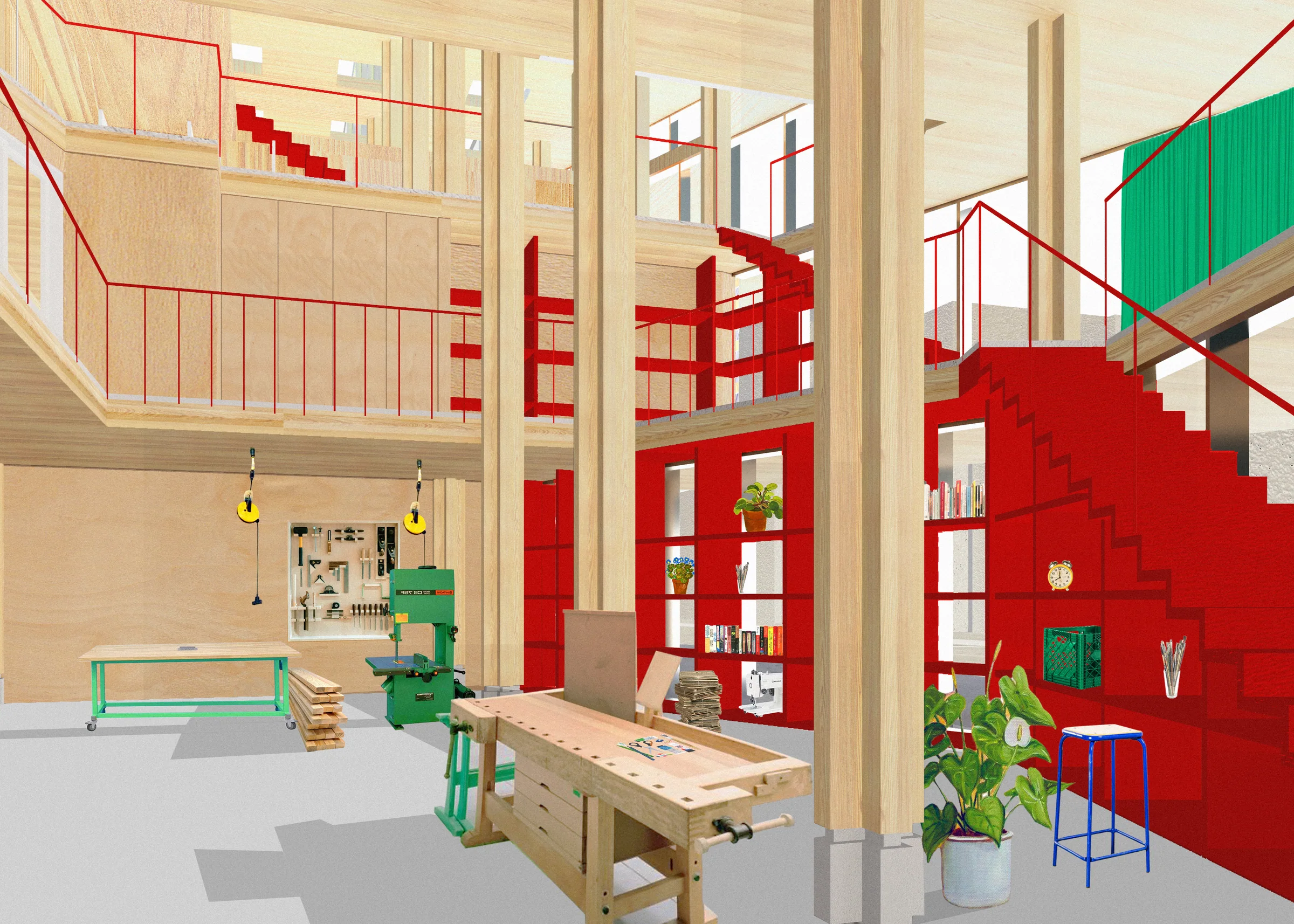 Interior rendering of a shared woodworking shop and red stair within Hunter's Point Cooperative Housing