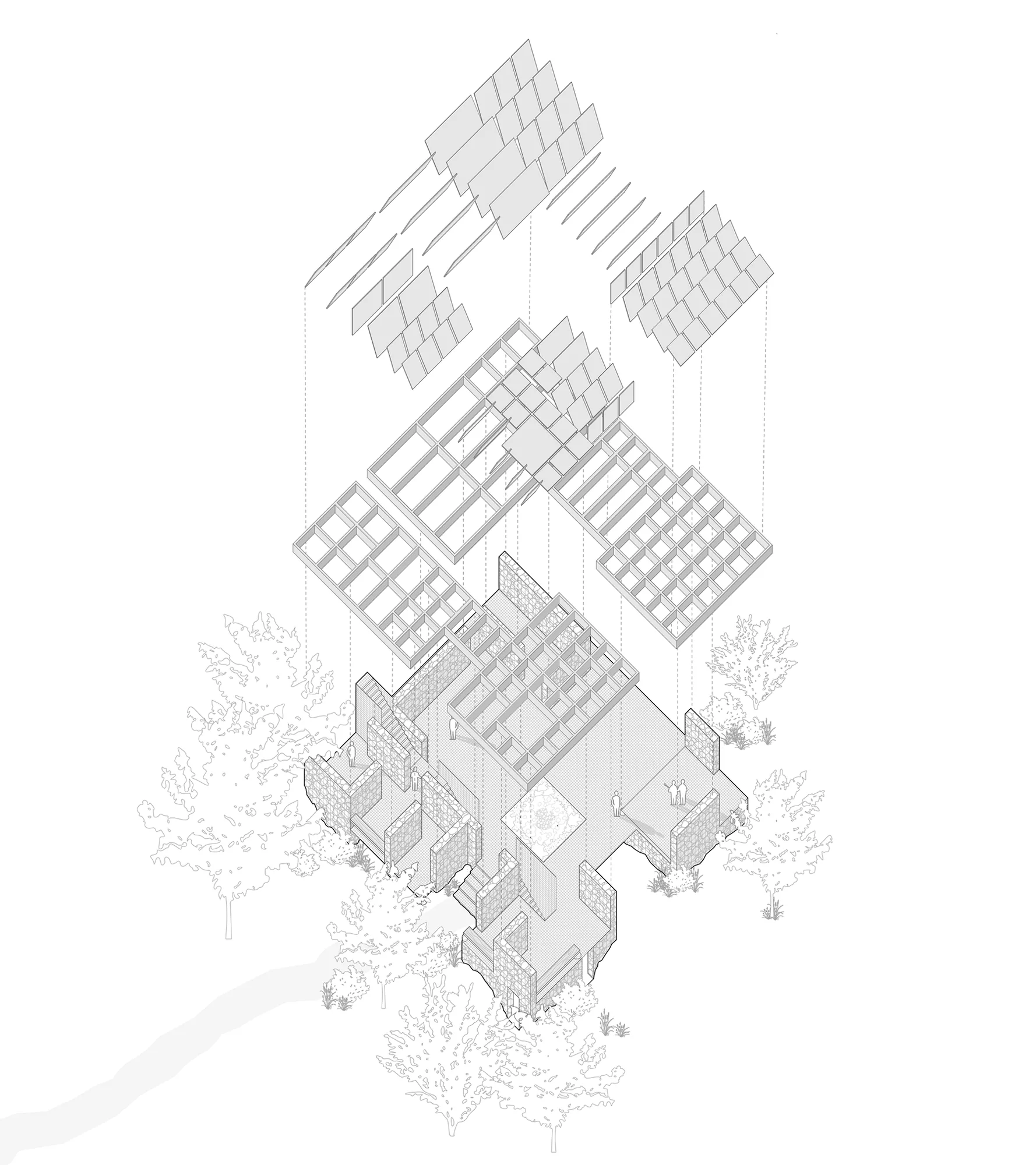 Curanto Cookhouse, Exploded Roof Axonometric by Andrew Wheat