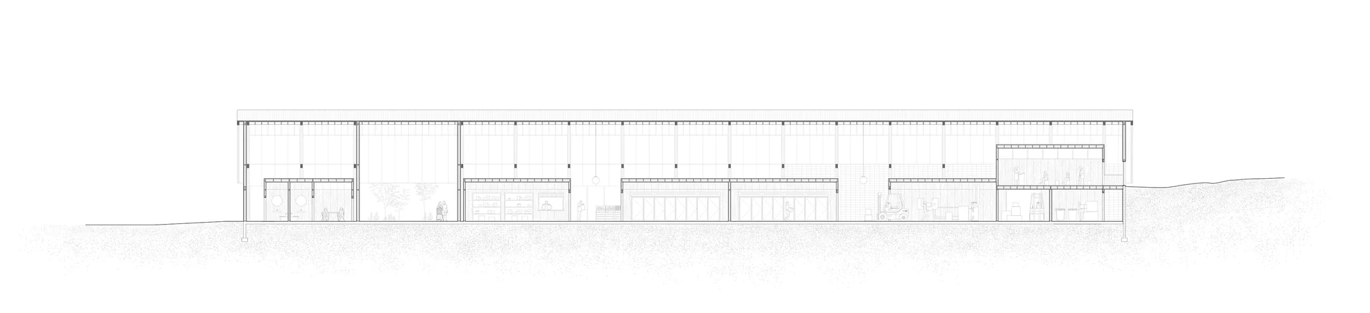 Enfield Food Pantry, Main Building Longitudinal Section by Andrew Wheat