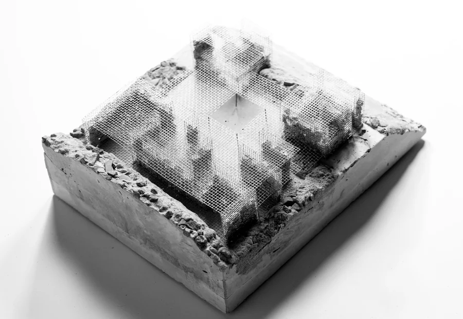Black-and-white physical model of Curanto Cookhouse with mesh gabion walls and a slatted roof