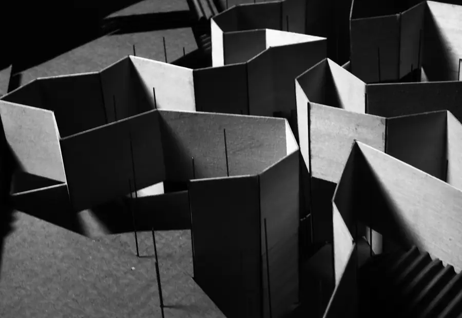 Black-and-white physical model of Woven Pavilion's folded wall enclosures